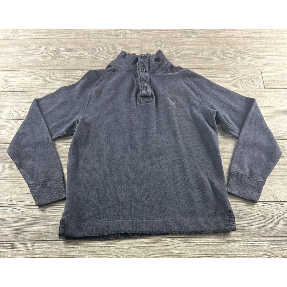 American Eagle Men Navy Blue Long Sleeve 1/4 Button Sweater XLT Athletic Fit